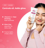 Woman holding a skincare product with text about its benefits