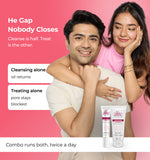 Couple embracing with skincare products and text about a skincare routine