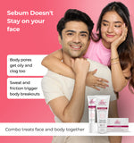 Man and woman embracing with skincare products and sebum text