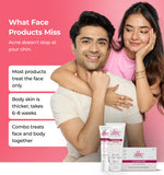 Man and woman embracing with skincare products