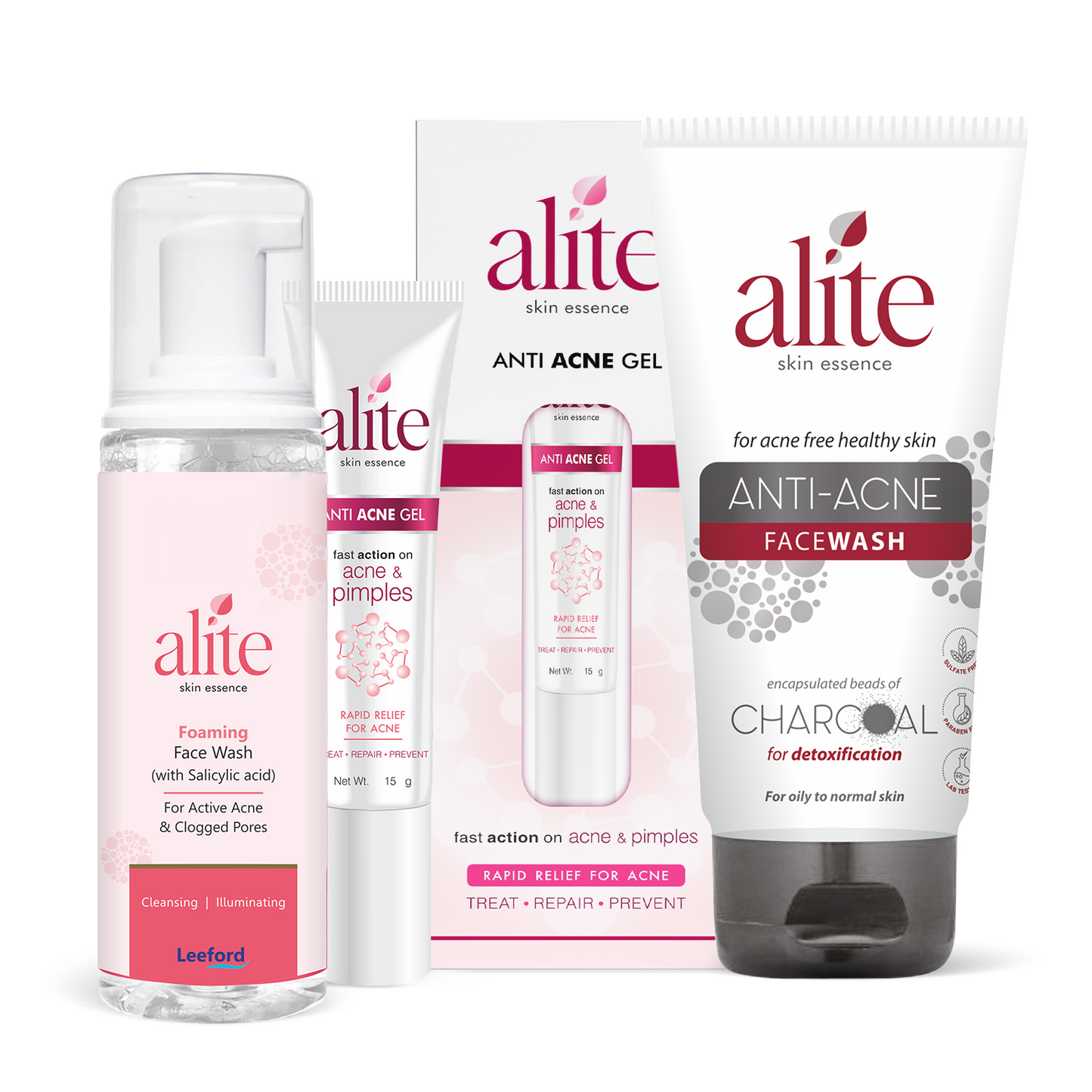 Combo Of Alite Foaming Facewash 60ml, Anti Acne Facewash Charcoal 70g, anti acne Gel 15g and Spot Reduction Cream 15g