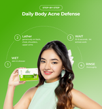 Woman holding a skincare product and step by step acne defense guide