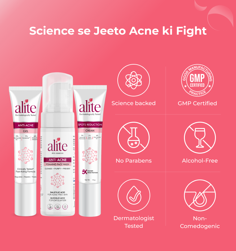 Alite anti acne skincare products with certification icons 