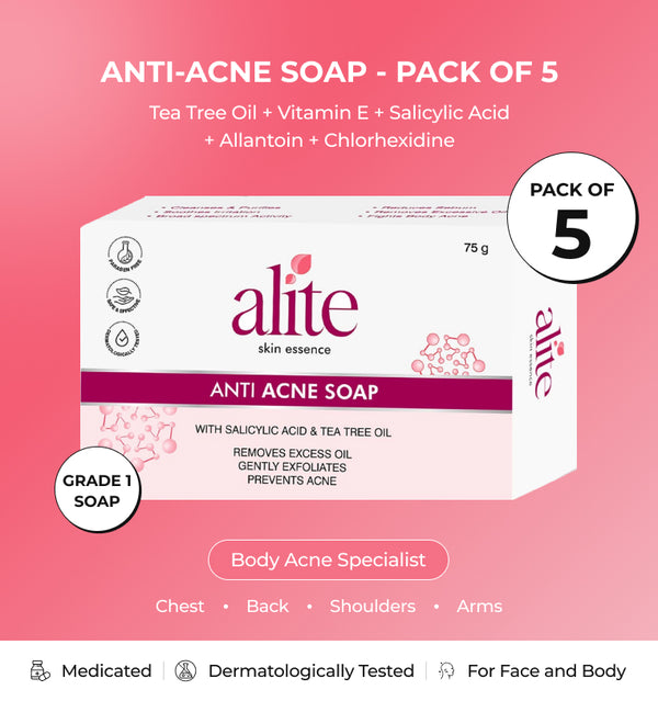 Alite Anti-Acne Soap Pack of 5 - Tea Tree Oil + Salicylic Acid - Clears Body Acne, Fades Marks