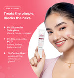 Woman holding a skincare product with text about its ingredients 