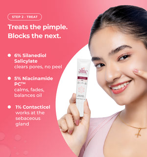 Woman holding a skincare product with text about its ingredients 
