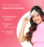 Woman holding a skincare product with text about its benefits 