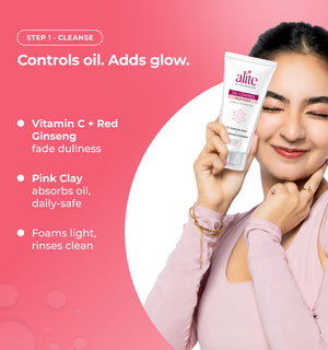 Woman holding a skincare product with text about its benefits 