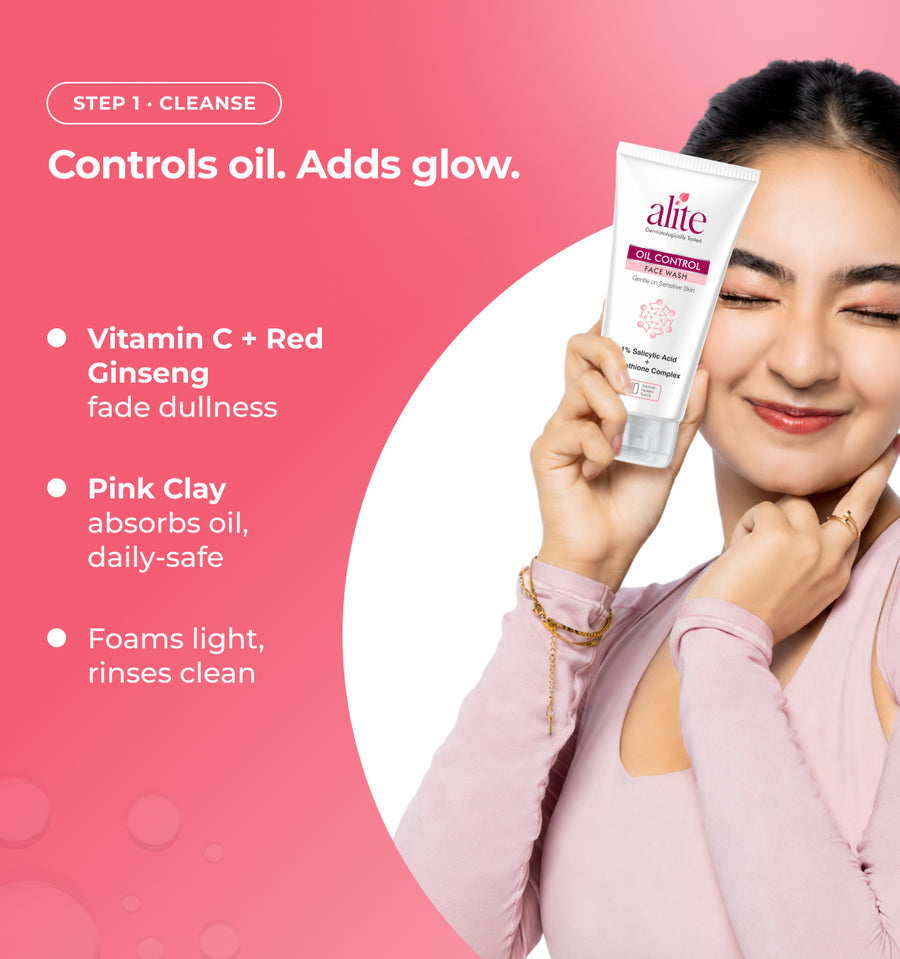 Woman holding a skincare product with text about its benefits 