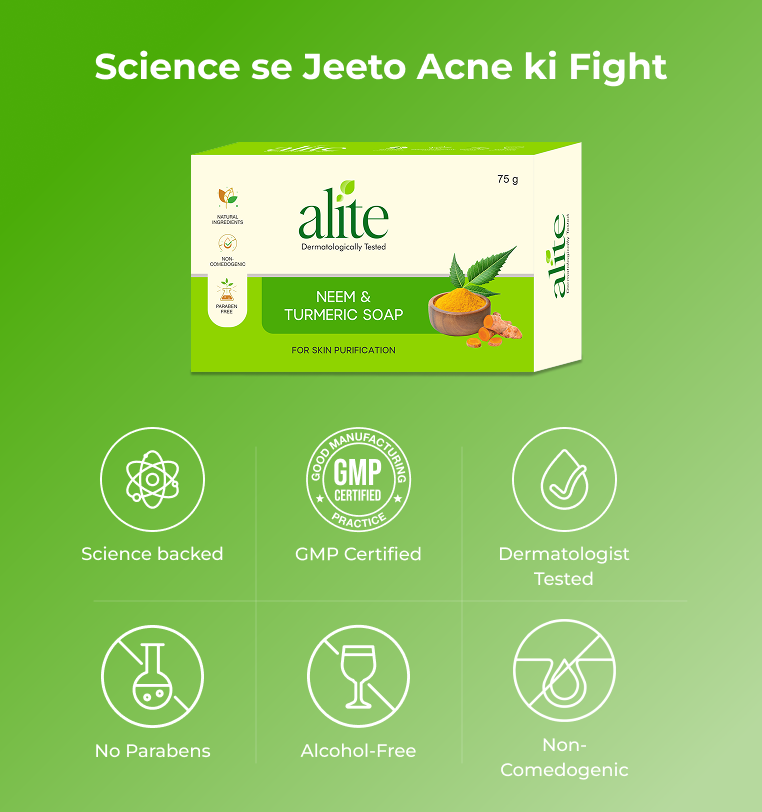 Alite neem and turmeric soap packaging with certification icons