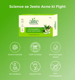 Alite active neem and aloe vera soap packaging  with certification icons