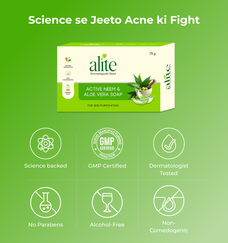 Alite active neem and aloe vera soap packaging  with certification icons