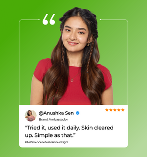 Woman in red shirt featuring a quote from anushka sen as a brand ambassador