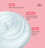 Product swatch with texture feel and scent information featuring the brand alite