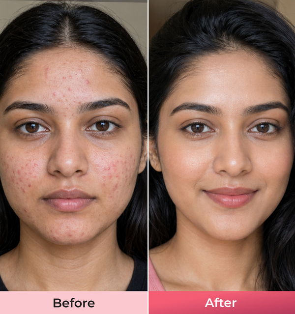 Before and after comparison of a womans face with visible skin improvement