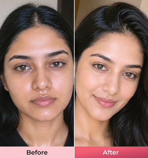 Before and after comparison of a womans face with dark hair