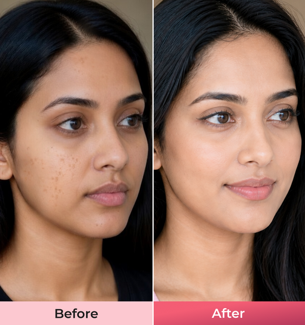 Before and after comparison of a womans face with visible makeup changes