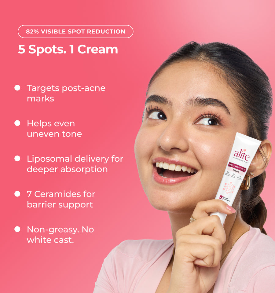 Woman holding a skincare cream with product details 