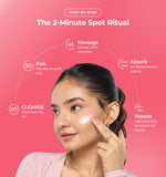 Woman applying skincare product with step-by-step guide on a pink background
