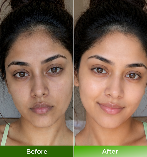 Before and after comparison of a womans face with makeup application