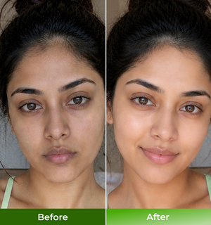 Before and after comparison of a womans face with makeup application