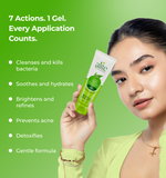 Woman holding a skincare product and text about product benefits