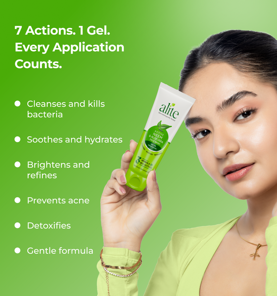 Woman holding a skincare product and text about product benefits