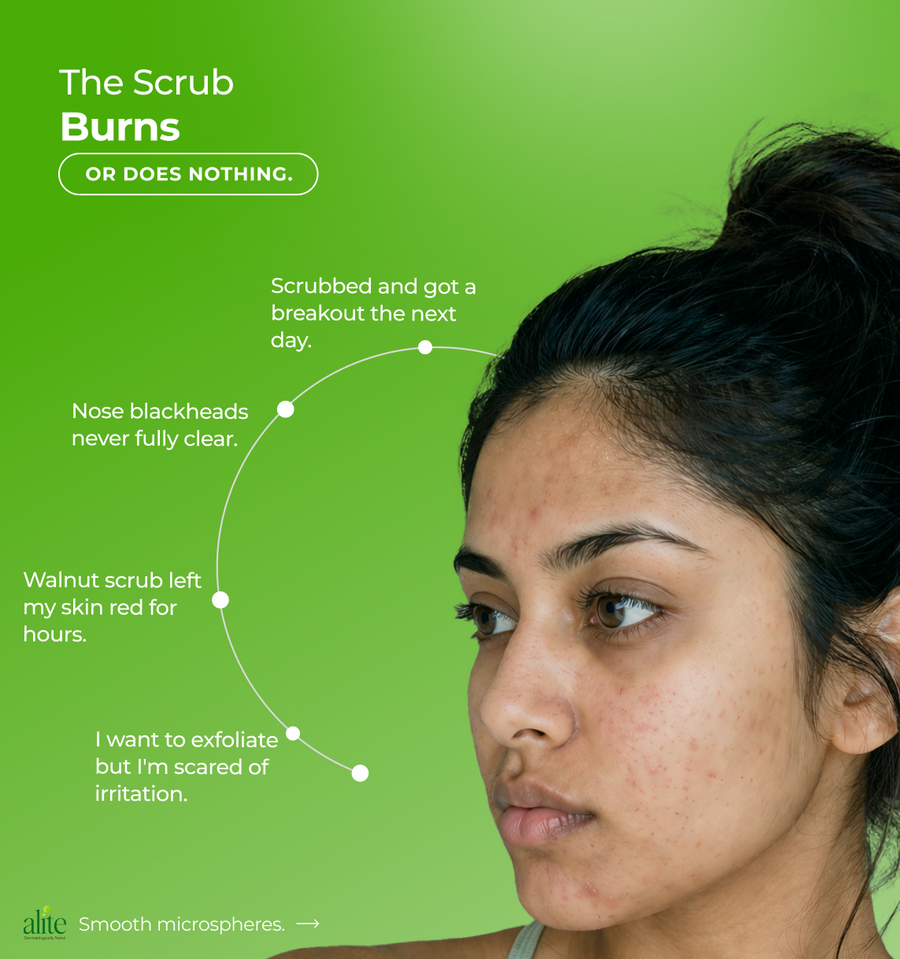 Woman with acne and  text about skin scrubs