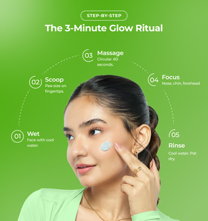 Woman applying skincare product with step by step guide 