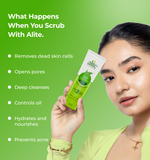 Woman holding alite skincare product and text about product benefits