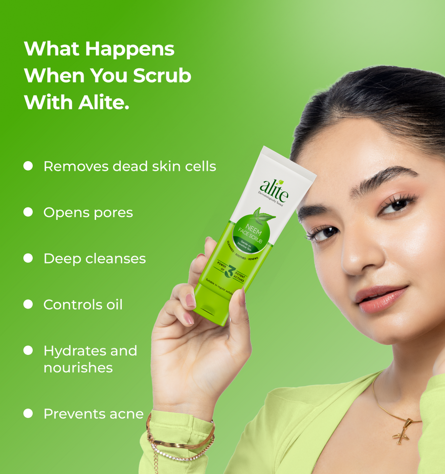Woman holding alite skincare product and text about product benefits