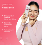 Woman holding a skincare product with text about its benefits 
