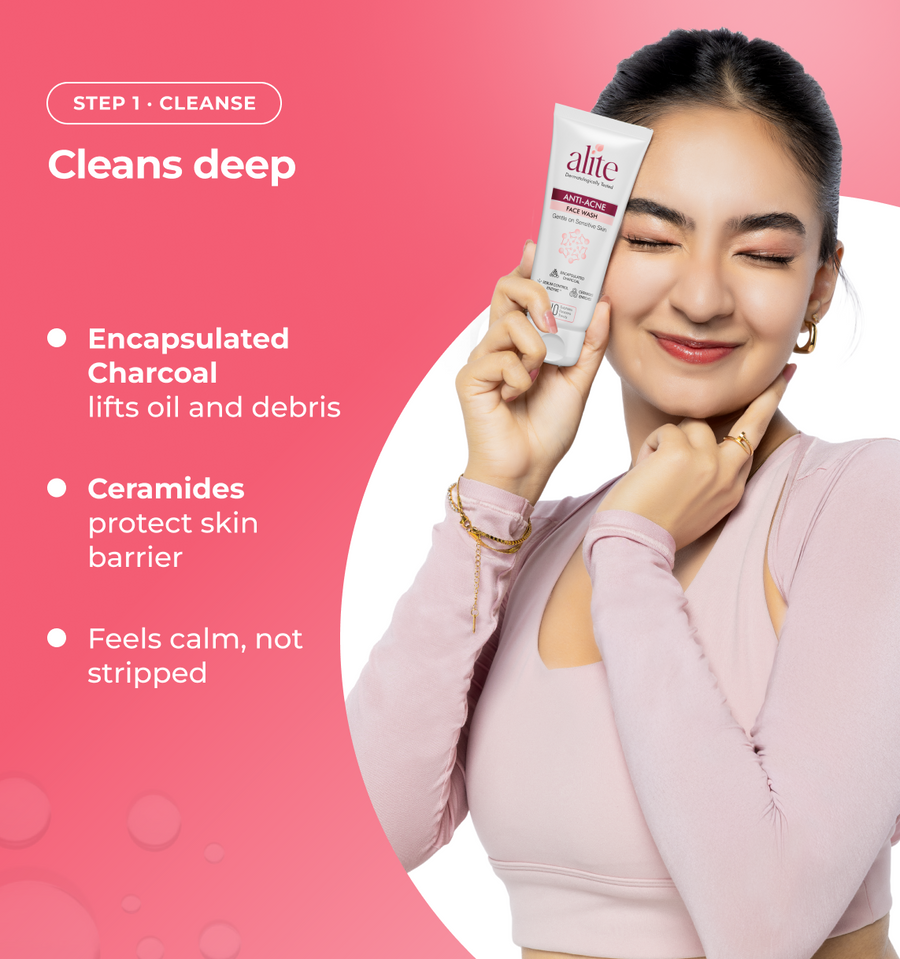 Woman holding a skincare product with text about its benefits 