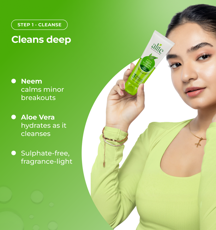 Woman holding a skincare product  and text about product benefits