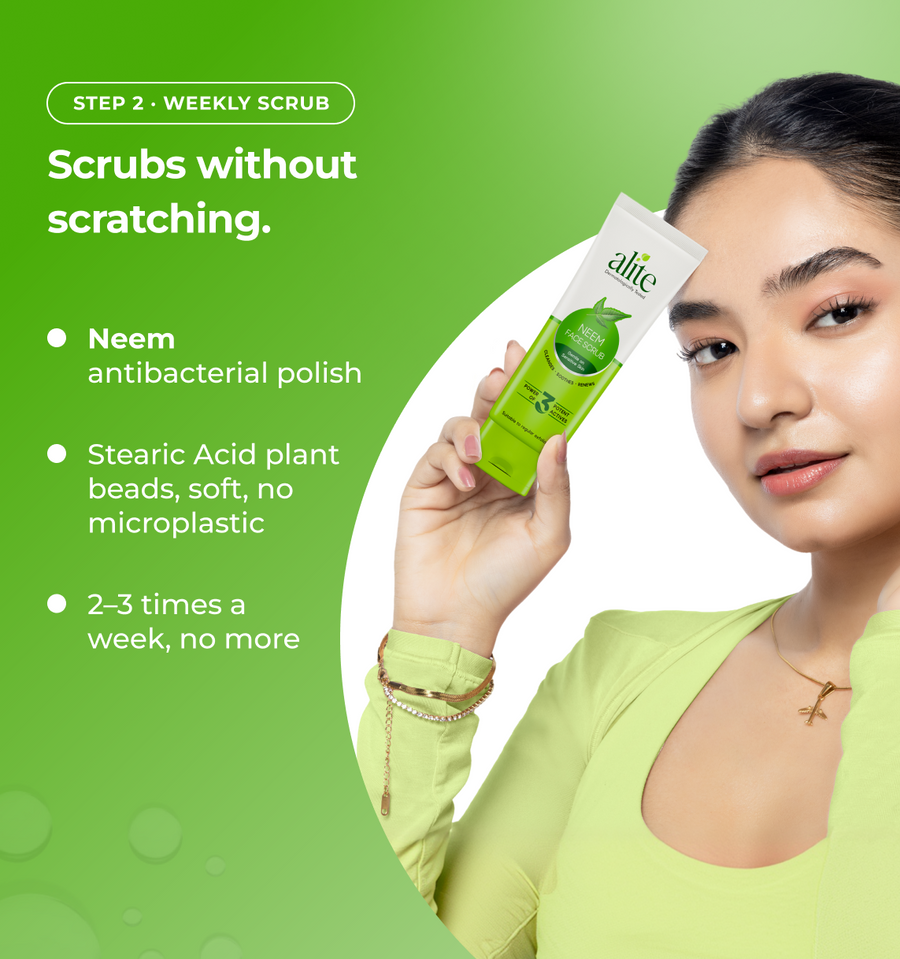 Woman holding a skincare product with text about scrubs and benefits 