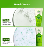 Alite neem face scrub with close up of scrub and wash process 