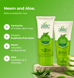 Alite neem and aloe skincare products with text highlighting benefits