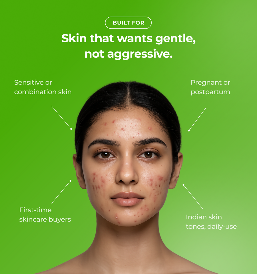 Woman with acne  with text about skincare for sensitive skin