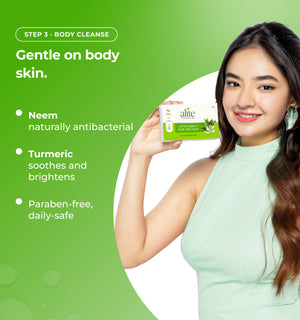 Woman holding a skincare product and text about product benefits