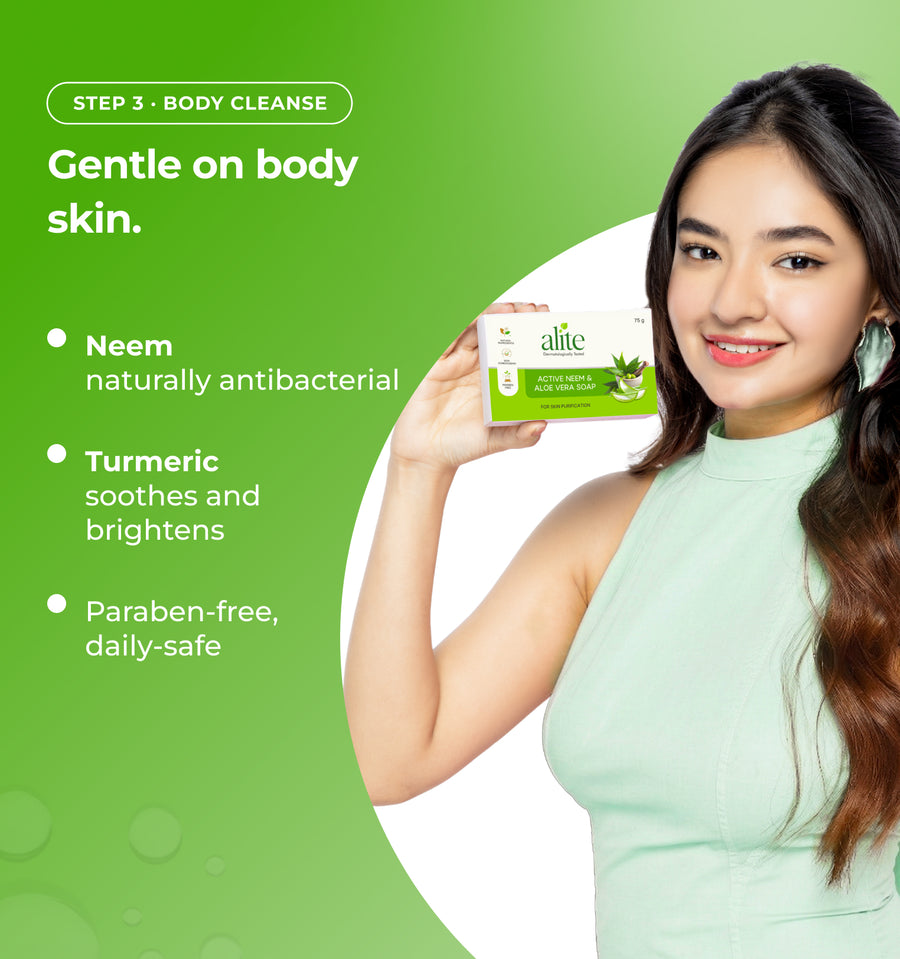 Woman holding a skincare product and text about product benefits