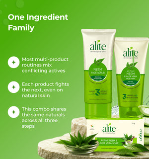 Alite skincare products with text about their one Ingredient Family concept