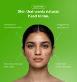 Woman with acne with text about skin care solutions
