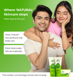 Man and woman embracing with skincare products featuring the brand alite