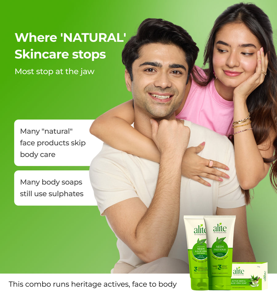 Man and woman embracing with skincare products featuring the brand alite
