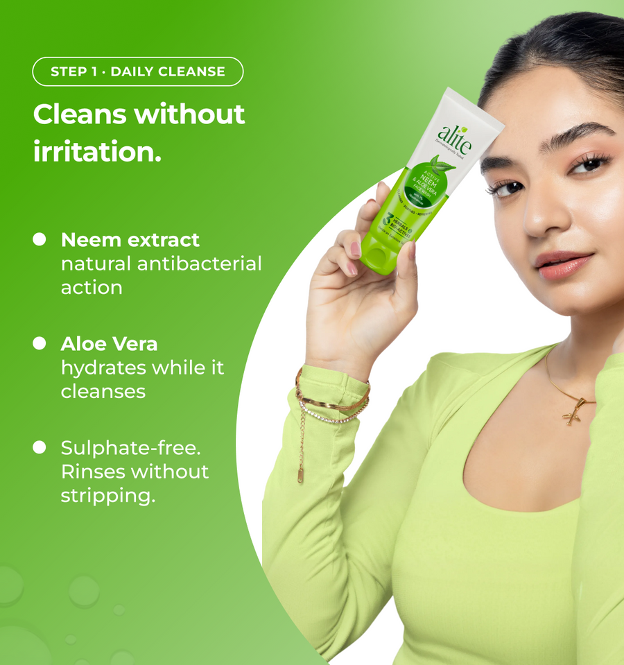 Woman holding a skincare product and text about product benefits