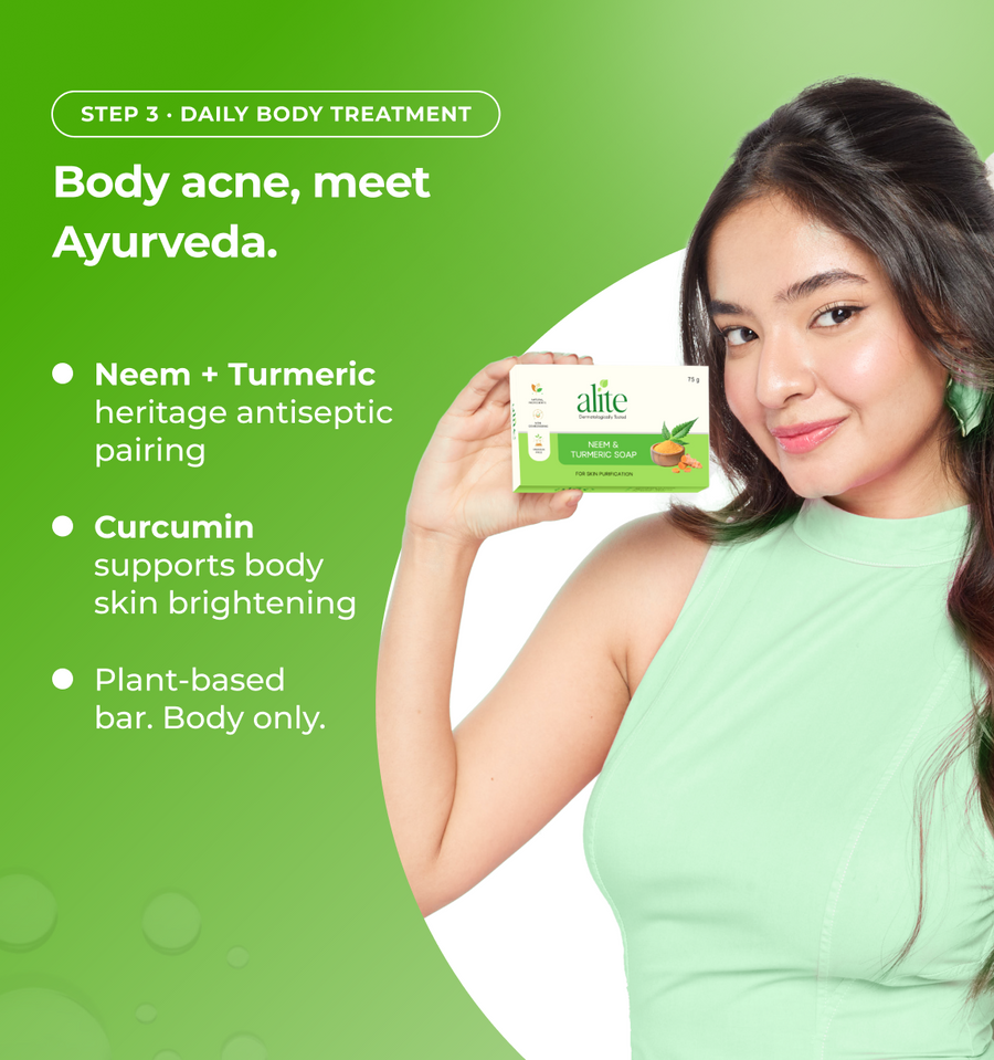 Woman holding a green bar of soap and its benefits 