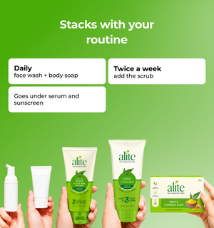 Alite skincare products with usage instructions on a green background