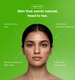 Woman with acne  with text about skincare solutions