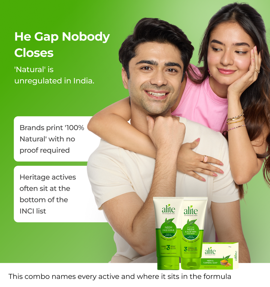 Man and woman embracing with and alite skincare products displayed
