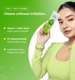 Woman holding a skincare product and text about product benefits.